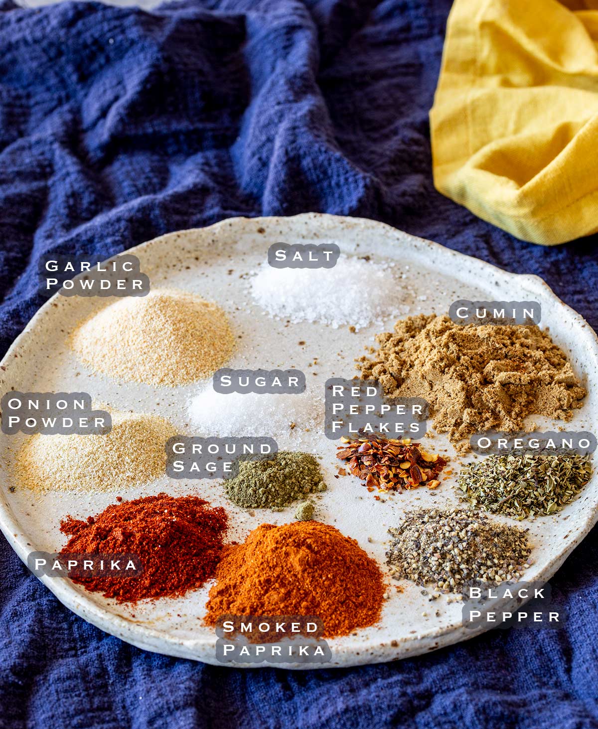 a rustic plate with labelled piles of herbs and spices