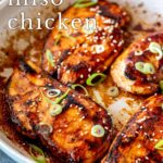 pin image: Honey Miso Chicken in a skillet with text overlaid