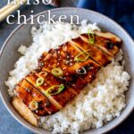 pin image: Sliced Honey Miso Chicken on top of white rice with text overlaid