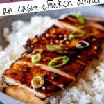 pin image: Sliced Honey Miso Chicken on top of white rice with text overlaid