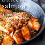 Pin Image: Miso butter salmon in a black skillet with text overlaid