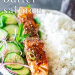 Pin Image: a plate of Miso butter salmon with rice and salad with text overlaid
