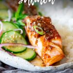 Pin Image: a plate of Miso butter salmon with rice and salad with text overlaid