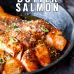 Pin Image: Miso butter salmon in a black skillet with text overlaid