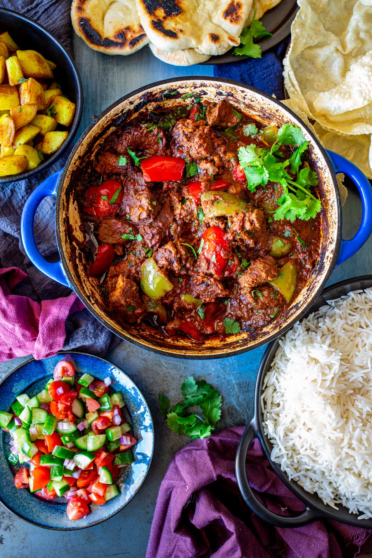 overhead view of a table for a pork curry banquet