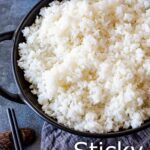 pin image: a black bowl of sticky rice with text overlaid