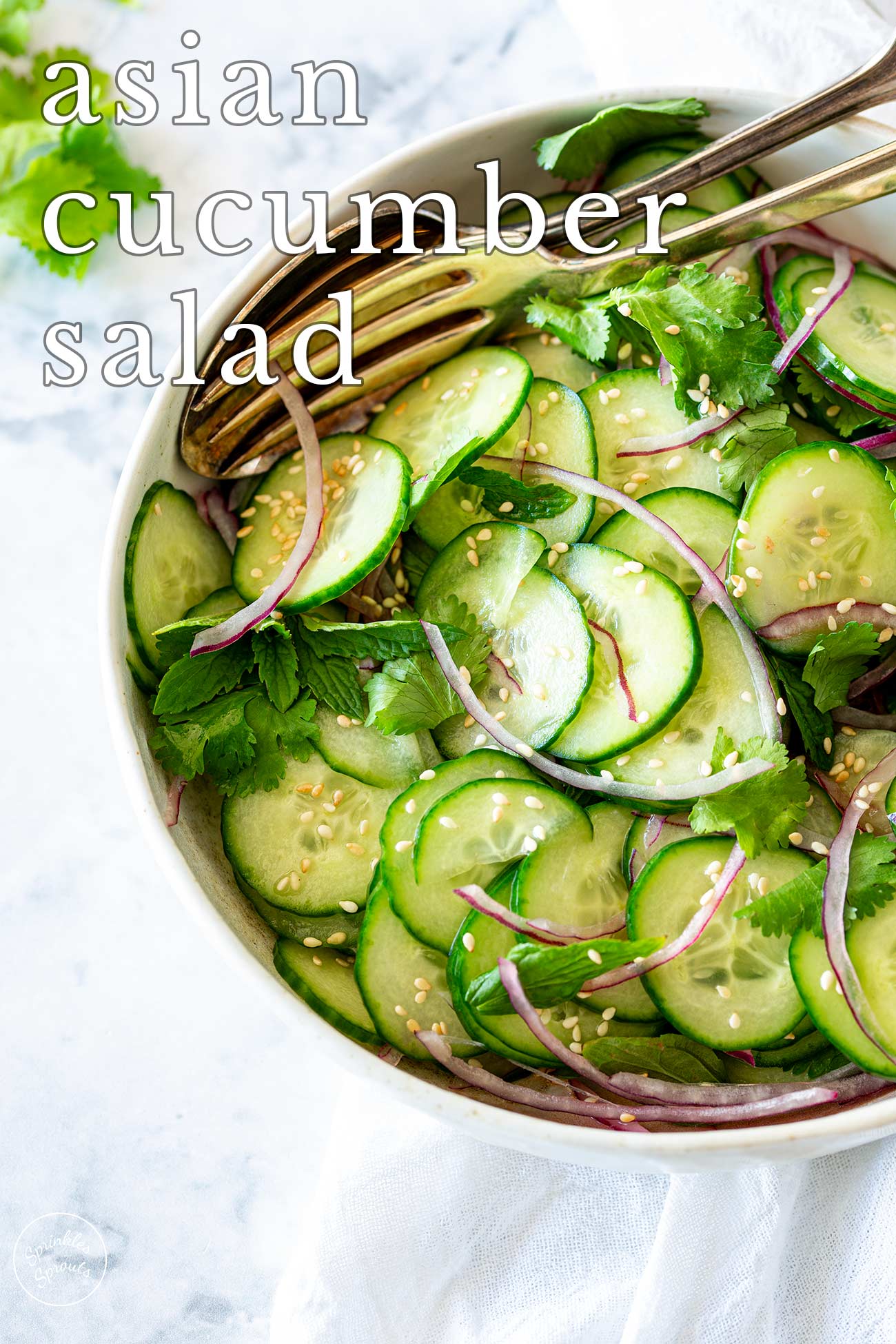 Pin Image: A bowl of asian cucumber salad with red onions with text overlaid