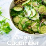 Pin Image: A bowl of asian cucumber salad with red onions with text overlaid