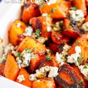 pin image: Roasted buffalo carrots topped with blue cheese with text overlaid