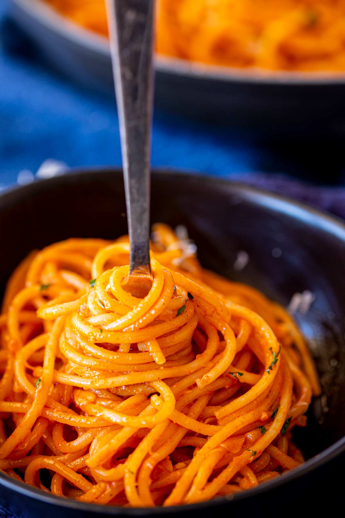 Close-up view of a bowl filled with spaghetti noodles coated in a red-orange sauce, with a fork twirling the noodles and visible herb flecks.