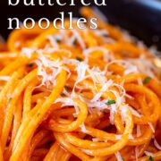 pin image: Close up on gochujang pasta with text overlaid