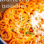 pin image: Gochujang pasta in a skillet with text overlaid