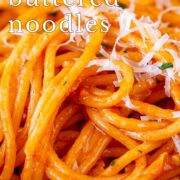 pin image: Close up on gochujang pasta with text overlaid