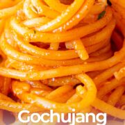 pin image: Close up on gochujang pasta with text overlaid