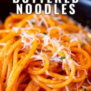 pin image: Close up on gochujang pasta with text overlaid