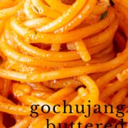 pin image: Close up on gochujang pasta with text overlaid