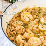Pin Image: Shrimp stew in a green pot. With text overlaid