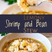 Pin Image: Shrimp stew in a bowl and a fork lifting out a shrimp. With text overlaid in the middle