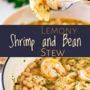Pin Image: Shrimp stew in a bowl and a fork lifting out a shrimp. With text overlaid in the middle