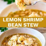 Pin Image: Shrimp stew in a bowl and a fork lifting out a shrimp. With text overlaid in the middle