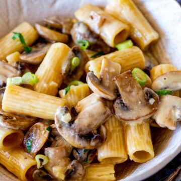 close up on the mushrooms in a white bowl of creamy mushroom pasta