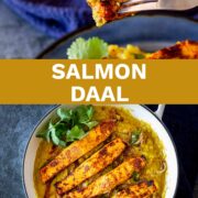Pin Image: Salmon daal in a white cast iron skillet and a fork picking up some salmon with text overlaid