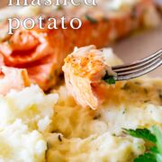 pin image: Salmon and mashed potatoes with text overlaid