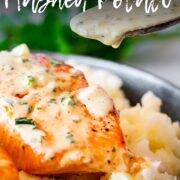 pin image: Salmon and mashed potatoes with text overlaid