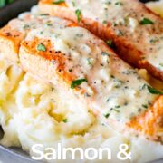 pin image: Salmon and mashed potatoes with text overlaid