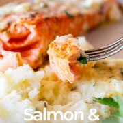 pin image: Salmon and mashed potatoes with text overlaid