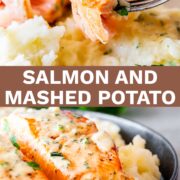 pin image: Salmon and mashed potatoes with text overlaid