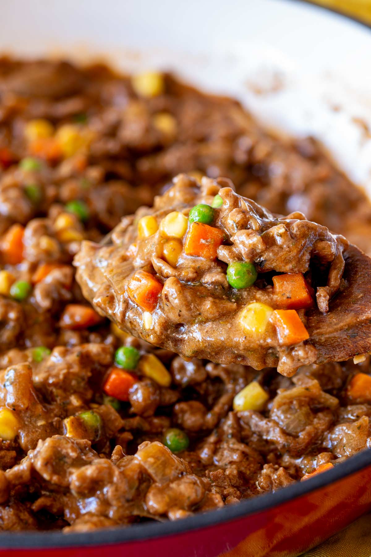 A wooden spoon lifting a serving of savoury mince with mixed vegetables from a pot, showcasing the rich gravy and colorful vegetables.