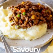 pin image: savoury mince spooned over mashed potato and text overlaid