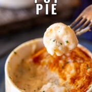 pin image: Fork with seafood pot pie filling with text overlaid