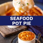 pin image: two images of seafood pot pie with text in the middle