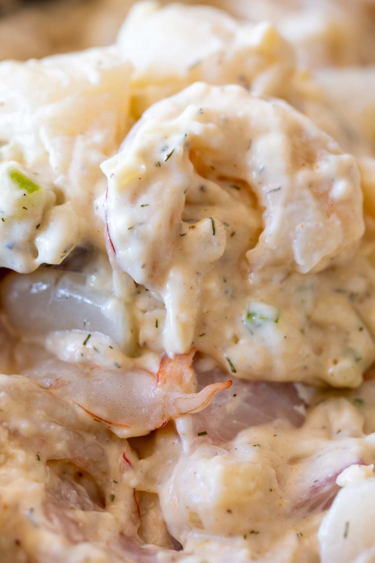 raw shrimp and bits of fish in a thick creamy sauce with herbs