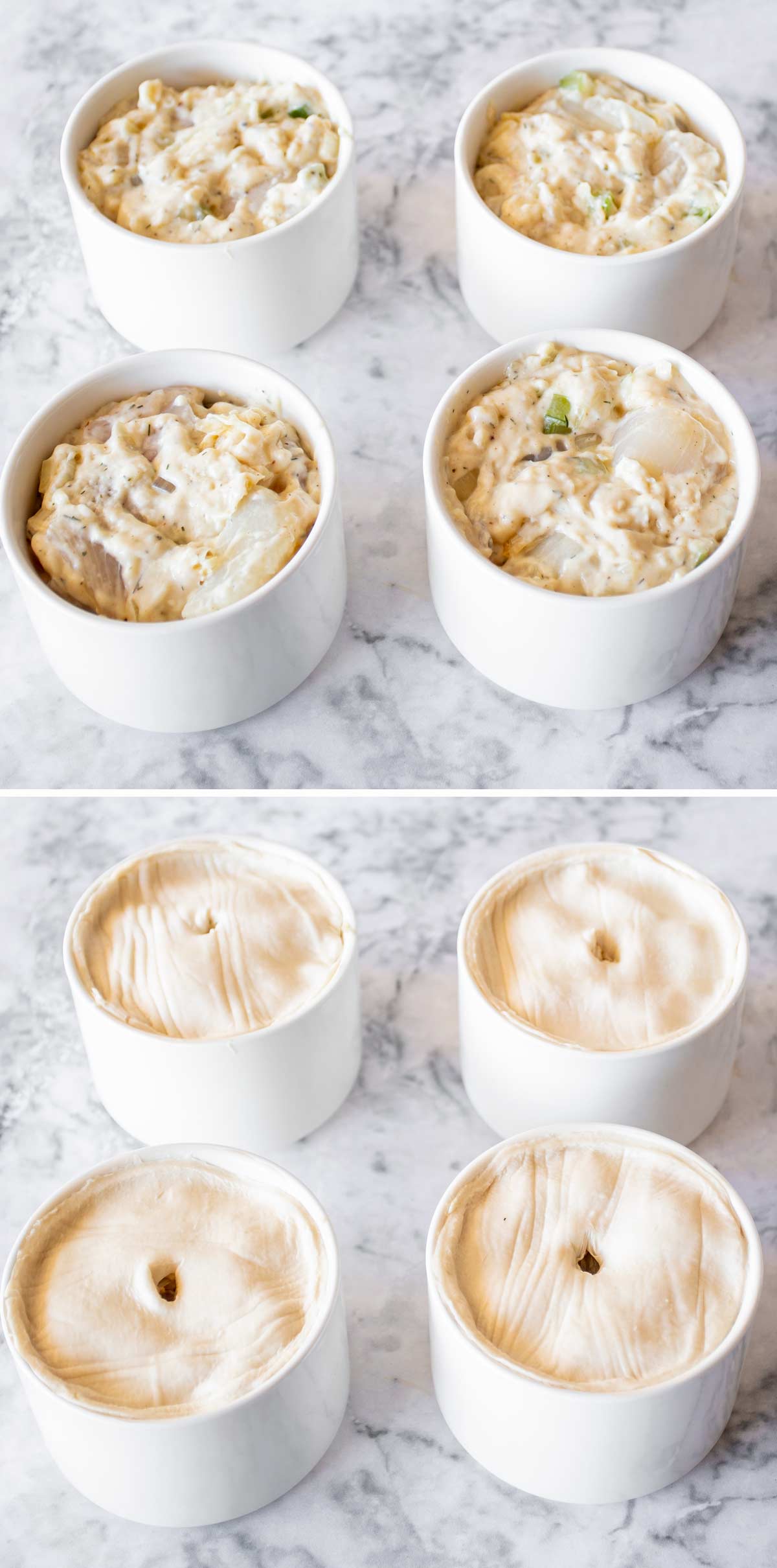 a split image showing the raw filling of the pot pie in four ramekins and then with the raw patty lids on