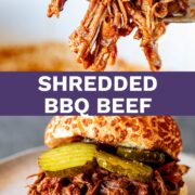 Pin Image: Split picture shredded BBQ beef on a fork and shown in a bun. With text overlaid