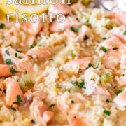 pin image: Sicilian salmon risotto with lemon slices with text overlaid
