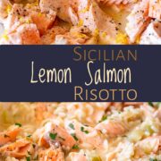 pin image: two pictures of salmon risotto with lemon slices with text overlaid