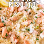 pin image: Sicilian salmon risotto with lemon slices with text overlaid