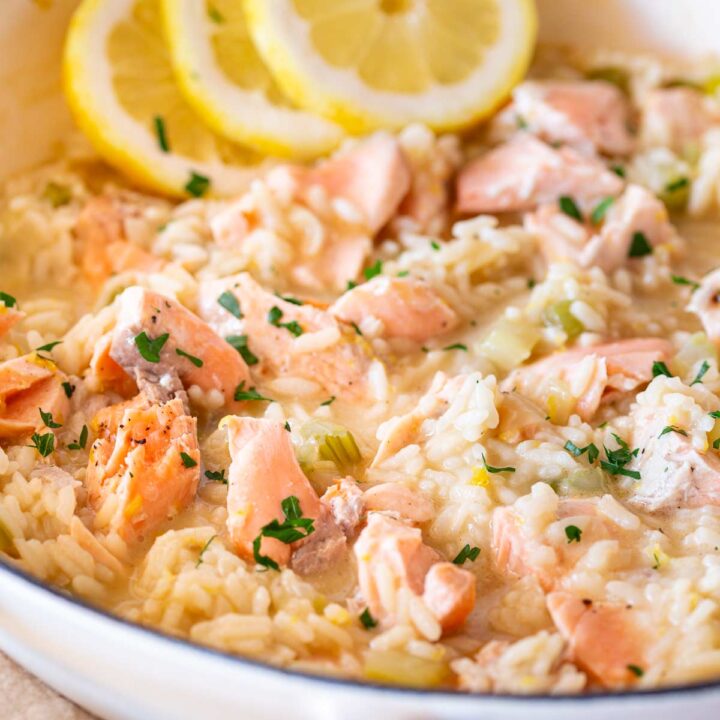 A super close-up of a pan filled with salmon