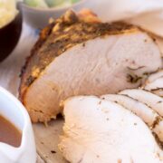 Pin Image: slices of Crockpot turkey breast with text overlaid