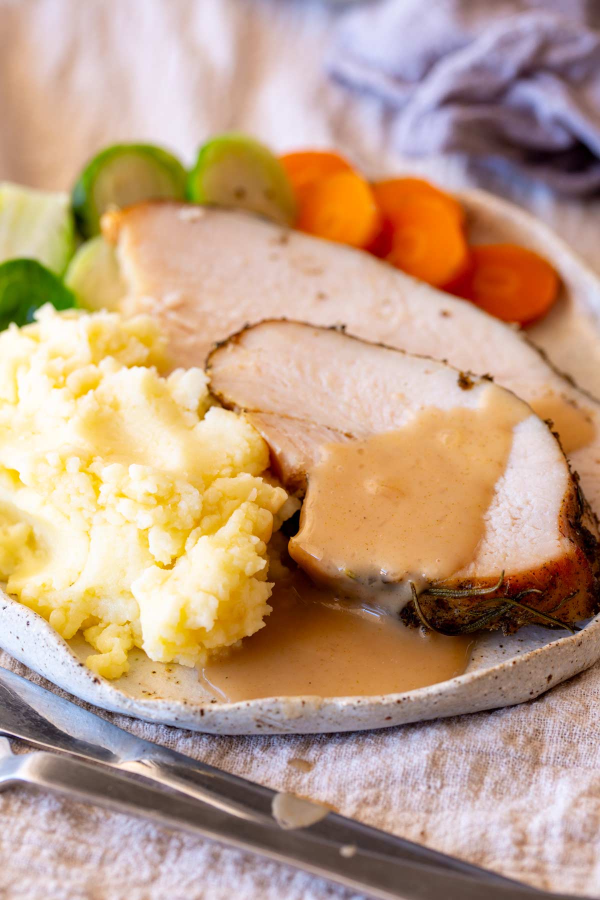 a plate with turkey slices, mashed potato, sprouts, carrots and gravy