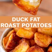Pin Image:two pictures of Duck Fat Roasted Potatoes in a rustic dish with text overlaid