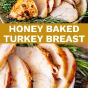 Pin Image: Sliced turkey breast on a plate with fresh rosemary with text overlaid