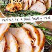 Pin Image: Sliced turkey breast on a plate with fresh rosemary with text overlaid