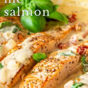 Pin Image: Salmon fillets in a creamy sun-dried tomato sauce with basil, with text overlaid
