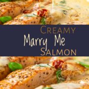 Pin Image: Salmon fillets in a creamy sun-dried tomato sauce with basil, with text overlaid