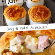 Pin Image: A spoon lifting turkey and ham filling from a pot pie. With text overlaid